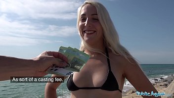 Public Agent Spanish stunner with bright hair romp on the beach
