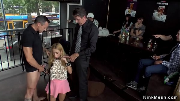 Butt plugged blonde fucked in cafe