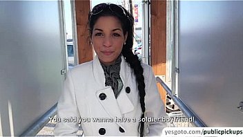 Sexy dark-haired stunner Nancy unveils her brilliant tits in a parking lot