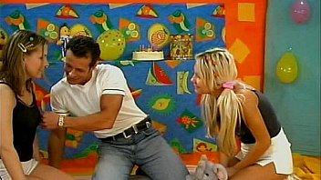 Teenie femmes in hot threesome at bday soiree