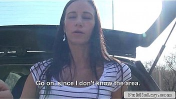 Delivery pizza woman bangs in public outdoors