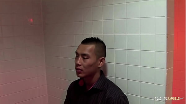 Two horny guys get to bang a blonde cutie in the bathroom