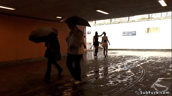 Mistress makes her gimp double penetration fuck in public