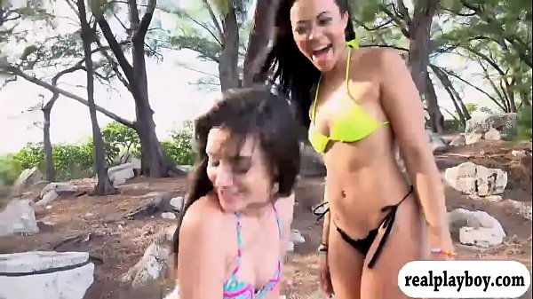 Two swimsuit teenager chicks suck off and banged in the forest