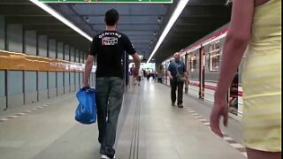 Big tits starlet Stella Fox is fucked in public subway train by 2 guys
