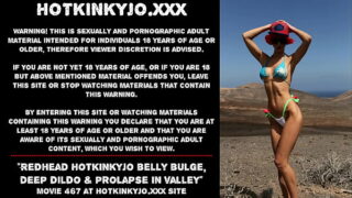 Ginger-haired Hotkinkyjo belly bulge, deep faux-cock & rosebud in rocky valley