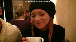 Foxy gal inhales pricks in the restaurant